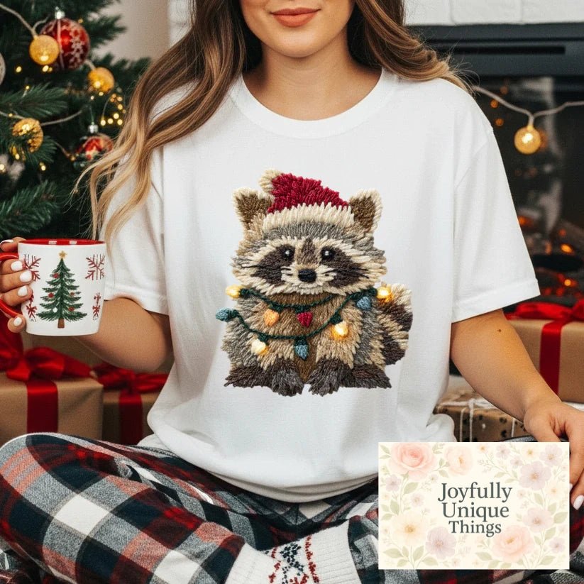 Short Sleeve T-Shirt Christmas Retro Faux Crochet Yarn Feral Santa Raccoon - Joyfully Unique Things