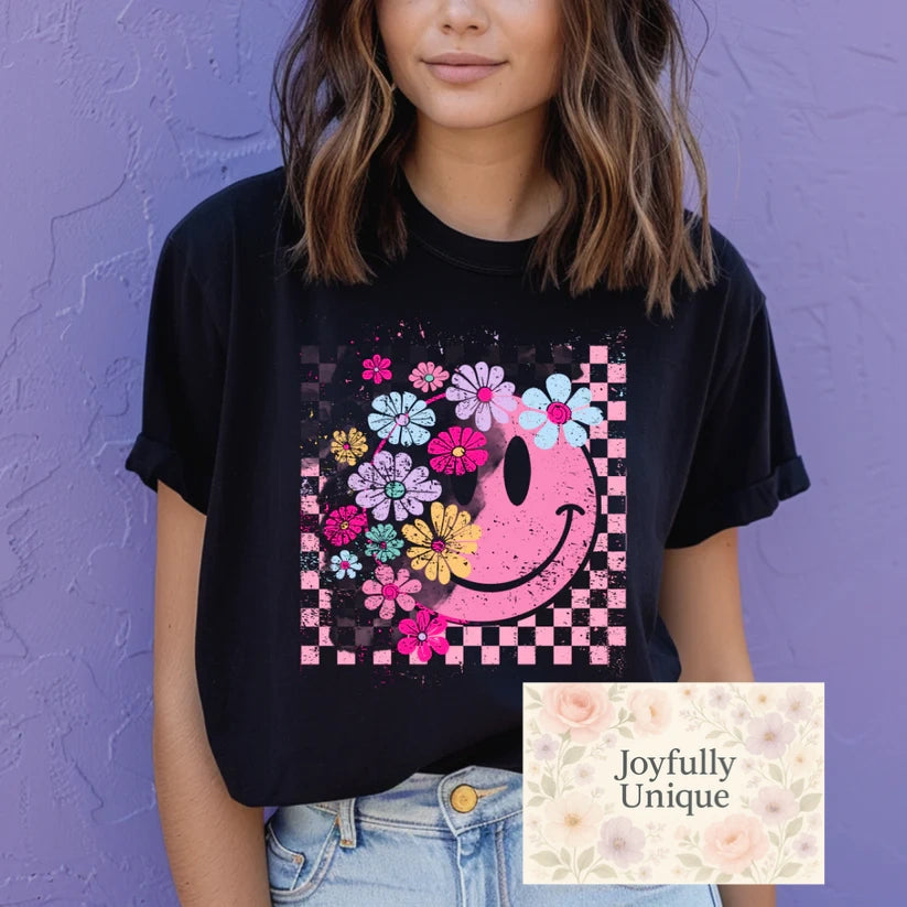 Short Sleeve T-Shirt Retro Floral Pink Smiley Face
