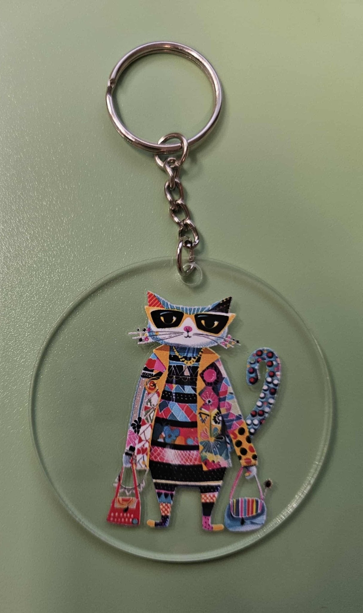 Clear Acrylic 3" Round Keychain With UV DTF Sticker Multi Color Big Bright Shopping Cat - Joyfully Unique Things