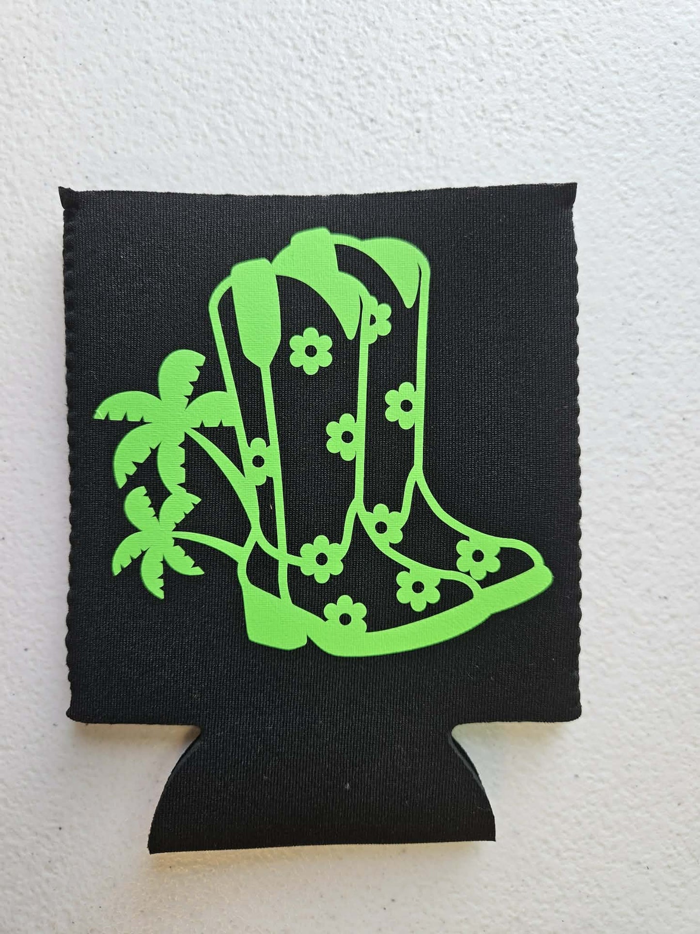 Cowboy Western Boots Palm Trees Koozie Black & Green - Joyfully Unique Things