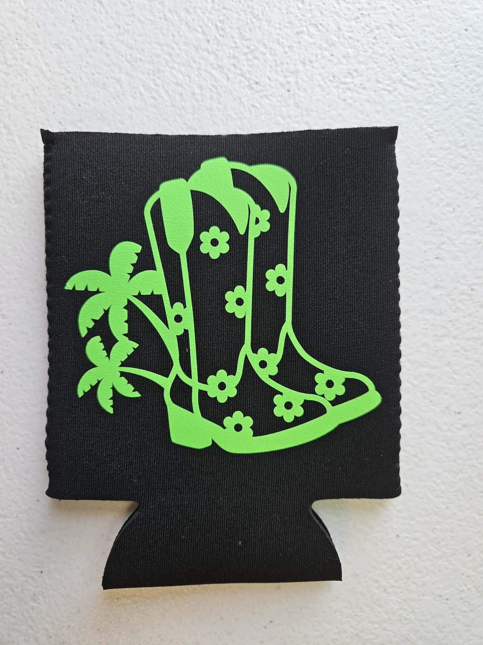 Cowboy Western Boots Palm Trees Koozie Black & Green - Joyfully Unique Things