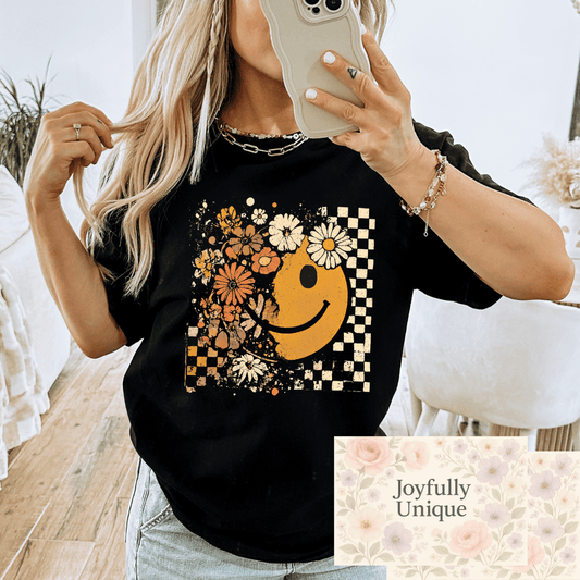 Short Sleeve T-Shirt Retro Floral Yellow Gold Smiley Face - Joyfully Unique