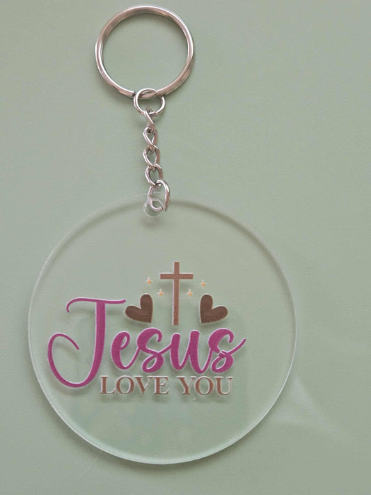 Clear Acrylic 3" Round Keychain With UV DTF Sticker Jesus Love You - Joyfully Unique Things