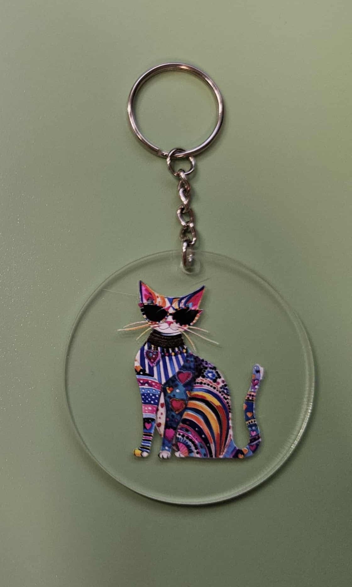Clear Acrylic 3" Round Keychain With UV DTF Sticker Multi Color Big Bright Sunglasses Cat