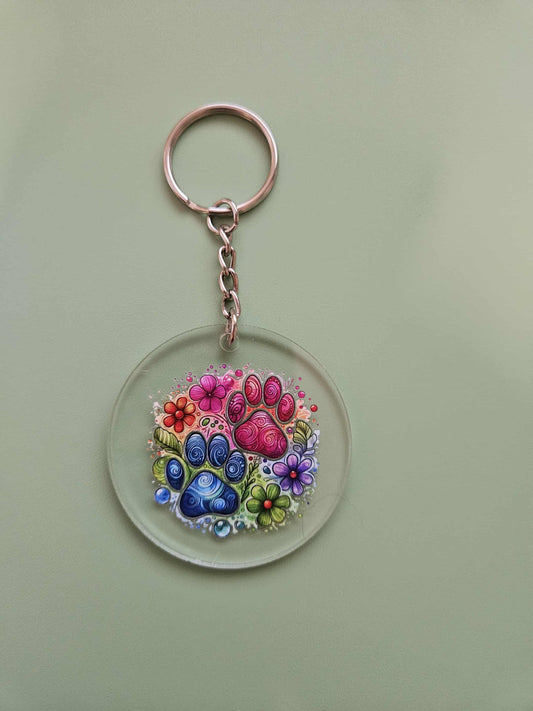 Clear Acrylic 2.5" Round Keychain With UV DTF Sticker Multi Color Floral Swirl Pawprint - Joyfully Unique Things