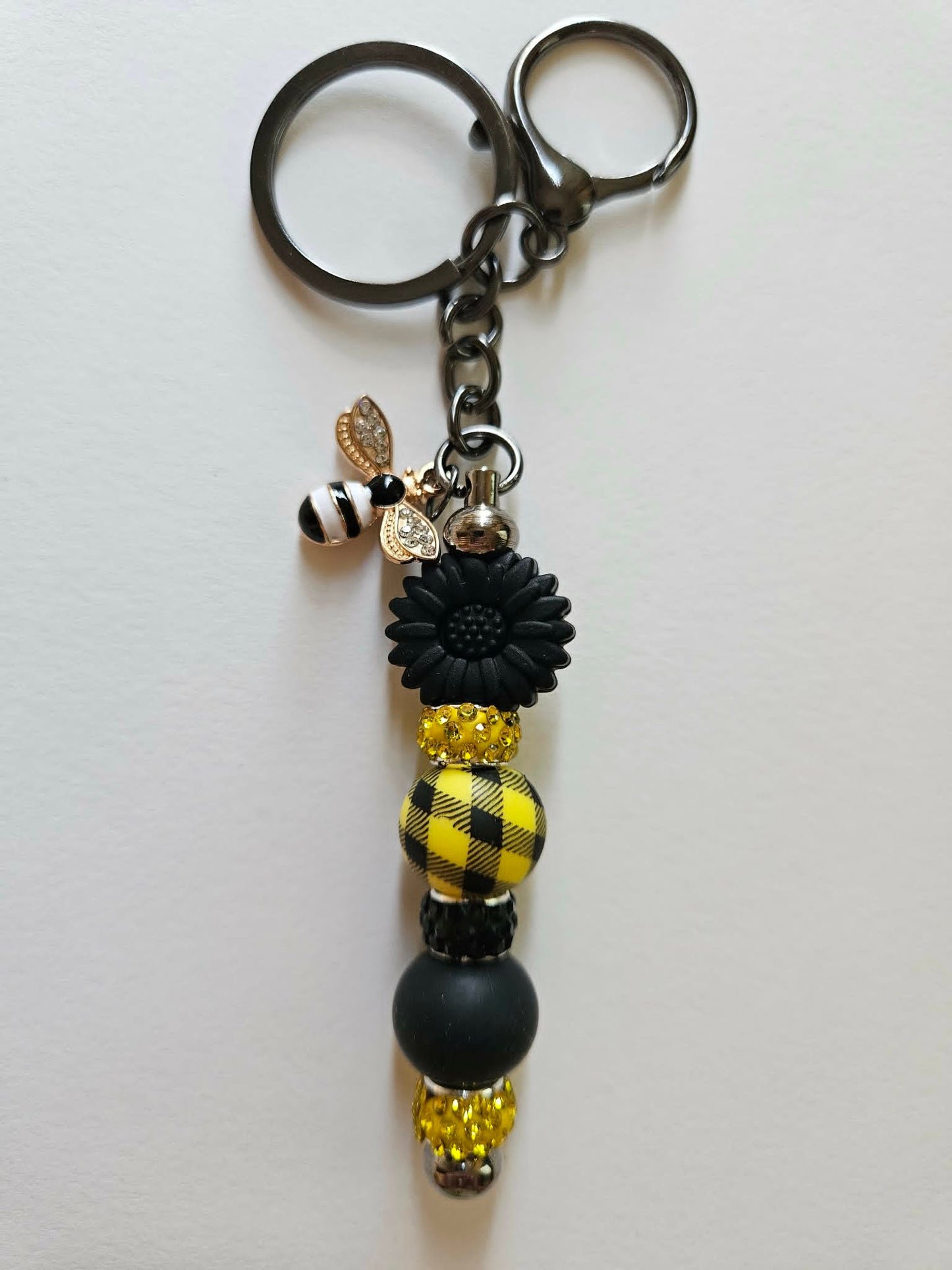 Sunflower White Stripe Bee Charm Bling Fun Gift Keychain - Joyfully Unique Things