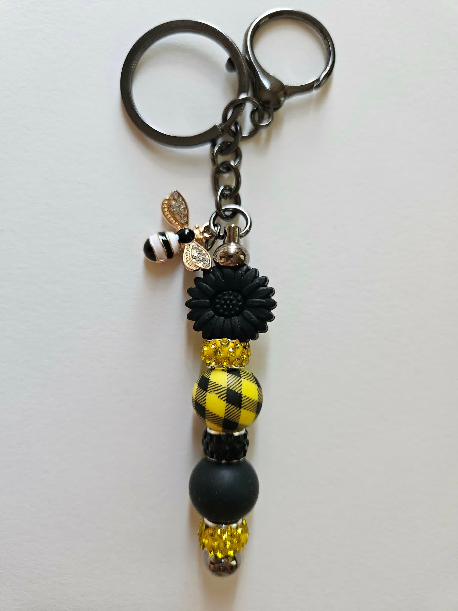 Sunflower White Stripe Bee Charm Bling Fun Gift Keychain - Joyfully Unique Things