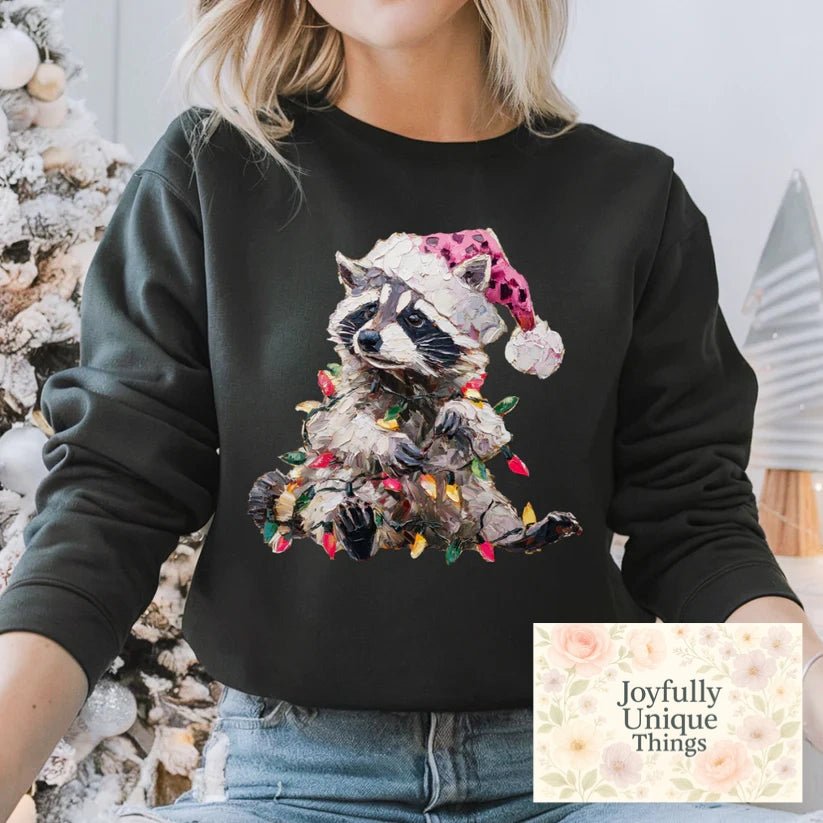Short Sleeve T-Shirt Christmas Retro Faux Paint Look Feral Santa Raccoon - Joyfully Unique Things