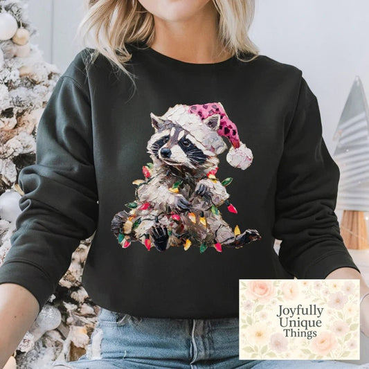 Short Sleeve T-Shirt Christmas Retro Faux Paint Look Feral Santa Raccoon - Joyfully Unique Things
