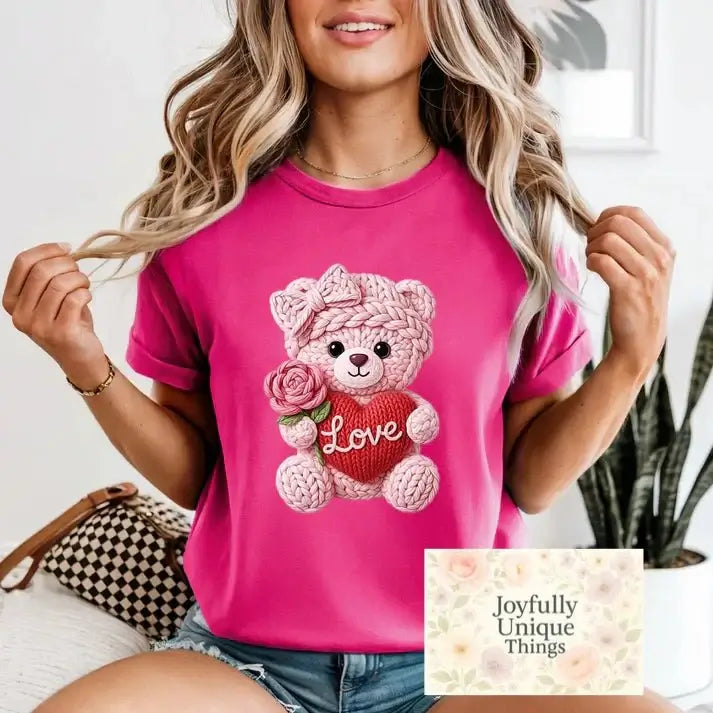 Short Sleeve T-Shirt Valentines Love Faux Yarn Teddy Bear - Joyfully Unique Things