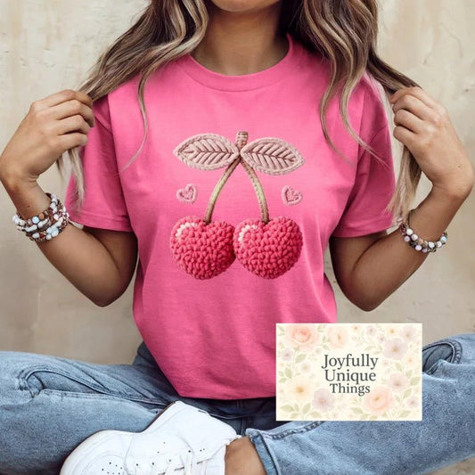 Short Sleeve T-Shirt Valentines Faux Yarn Cherry Cherries - Joyfully Unique Things