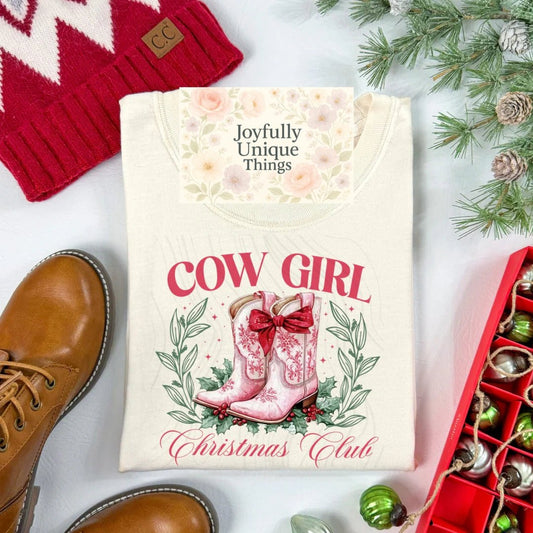 Short Sleeve T-Shirt Christmas Red Bow Pink Cowgirl Boots Cow Girl Christmas Club - Joyfully Unique Things
