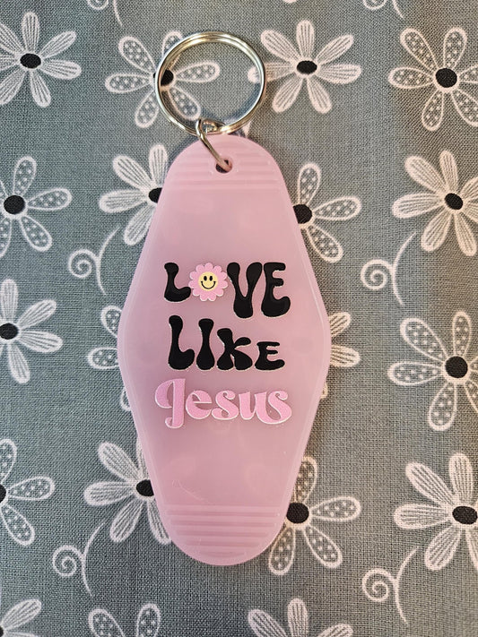 Retro Motel Keychain: Pink Acrylic Love Like Jesus Luggage Tag - Joyfully Unique