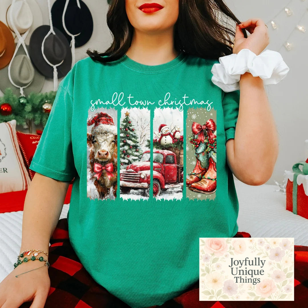 Short Sleeve T-Shirt Christmas Red Bow Santa Hat Snowman Cowboy Boots Old Red Truck Cow Small Town Christmas