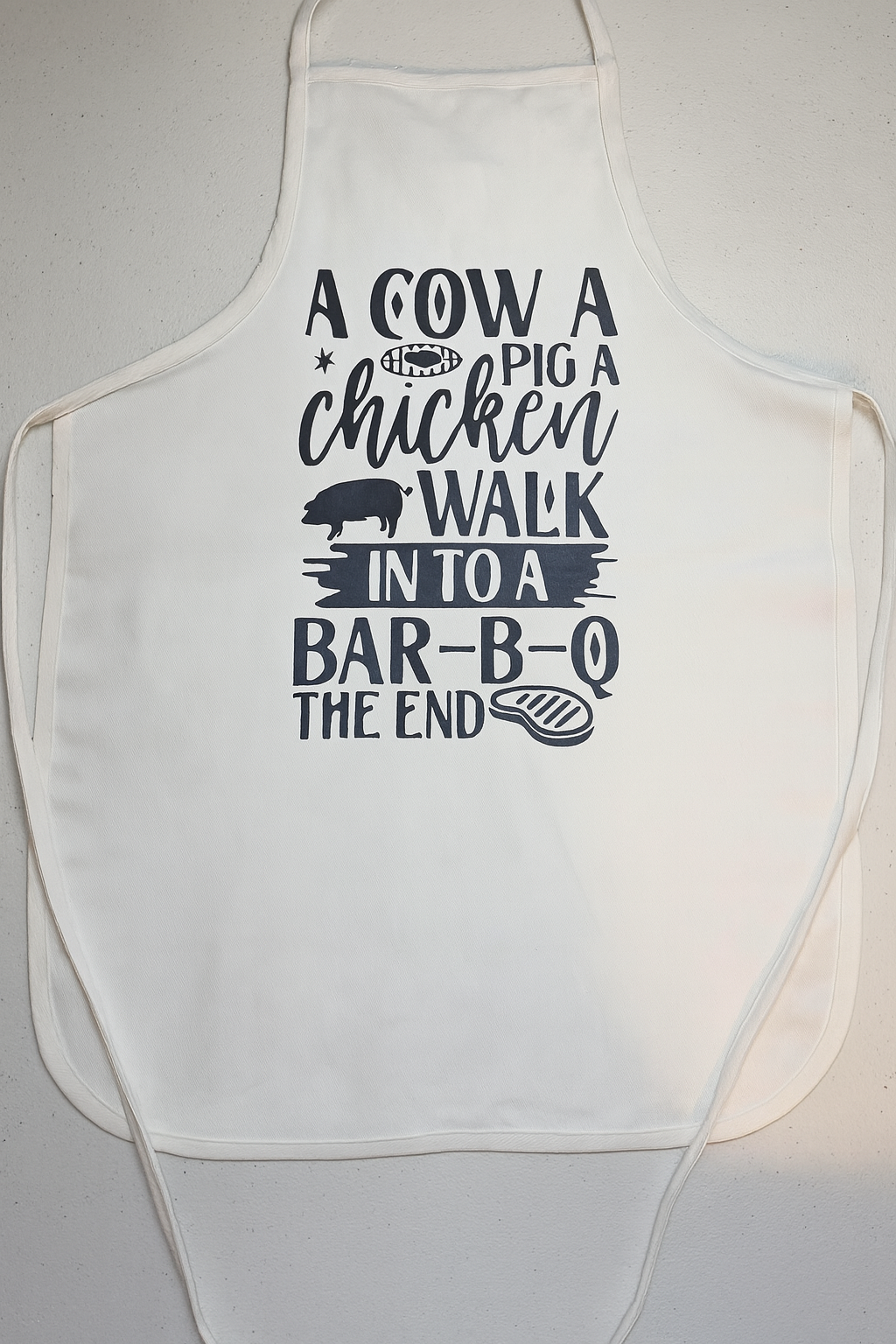 Unisex Funny Saying Apron: A Cow A Pig A Chicken Walk Into A BBQ The End