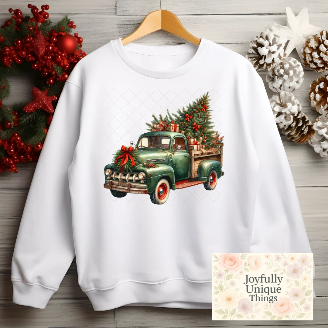 Short Sleeve T-Shirt Merry Christmas Vintage Old Green Truck With Presents Tree Christmas Wreath