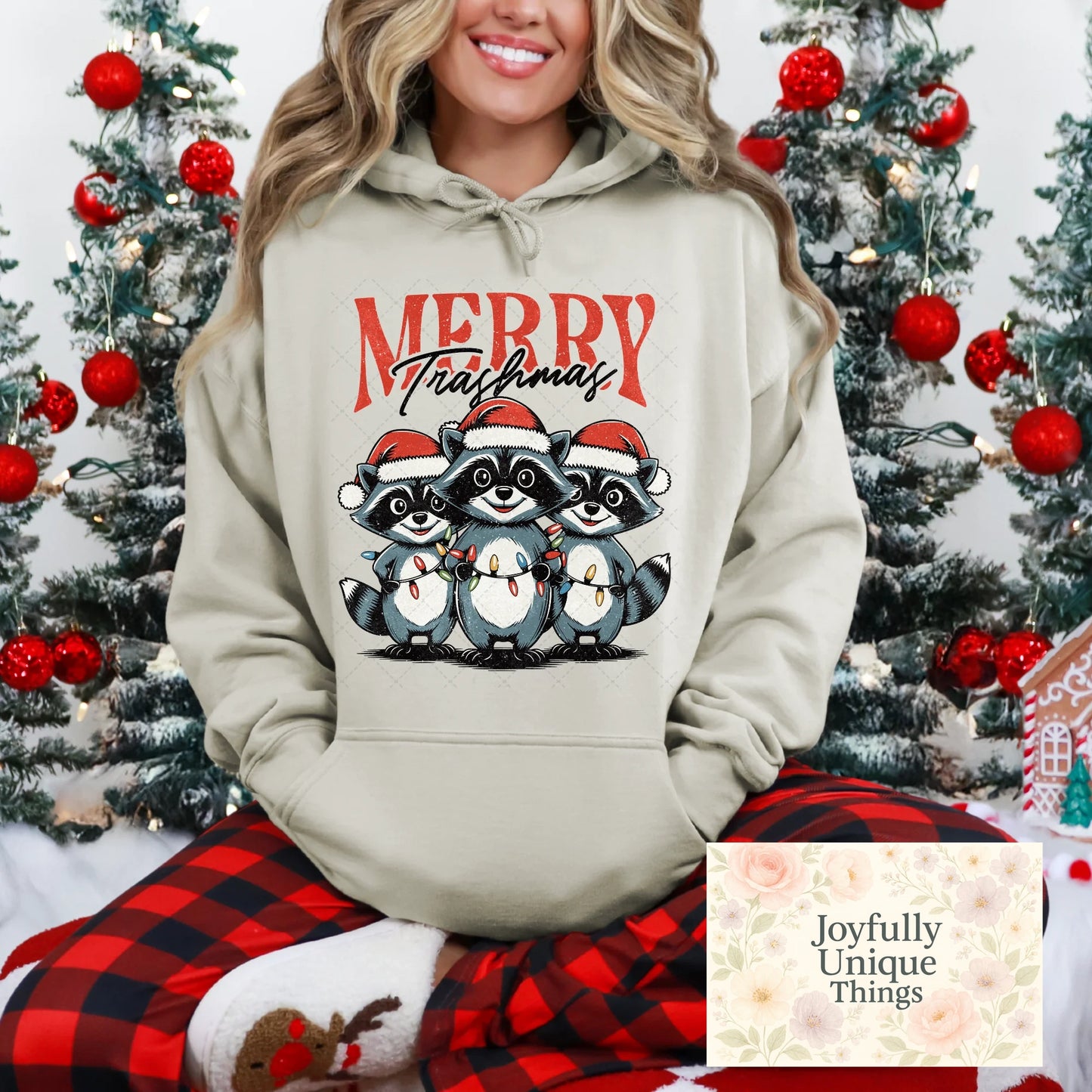 Short Sleeve T-Shirt Christmas Lights Santa Hats Raccoon Trash Pandas Merry Trashmas