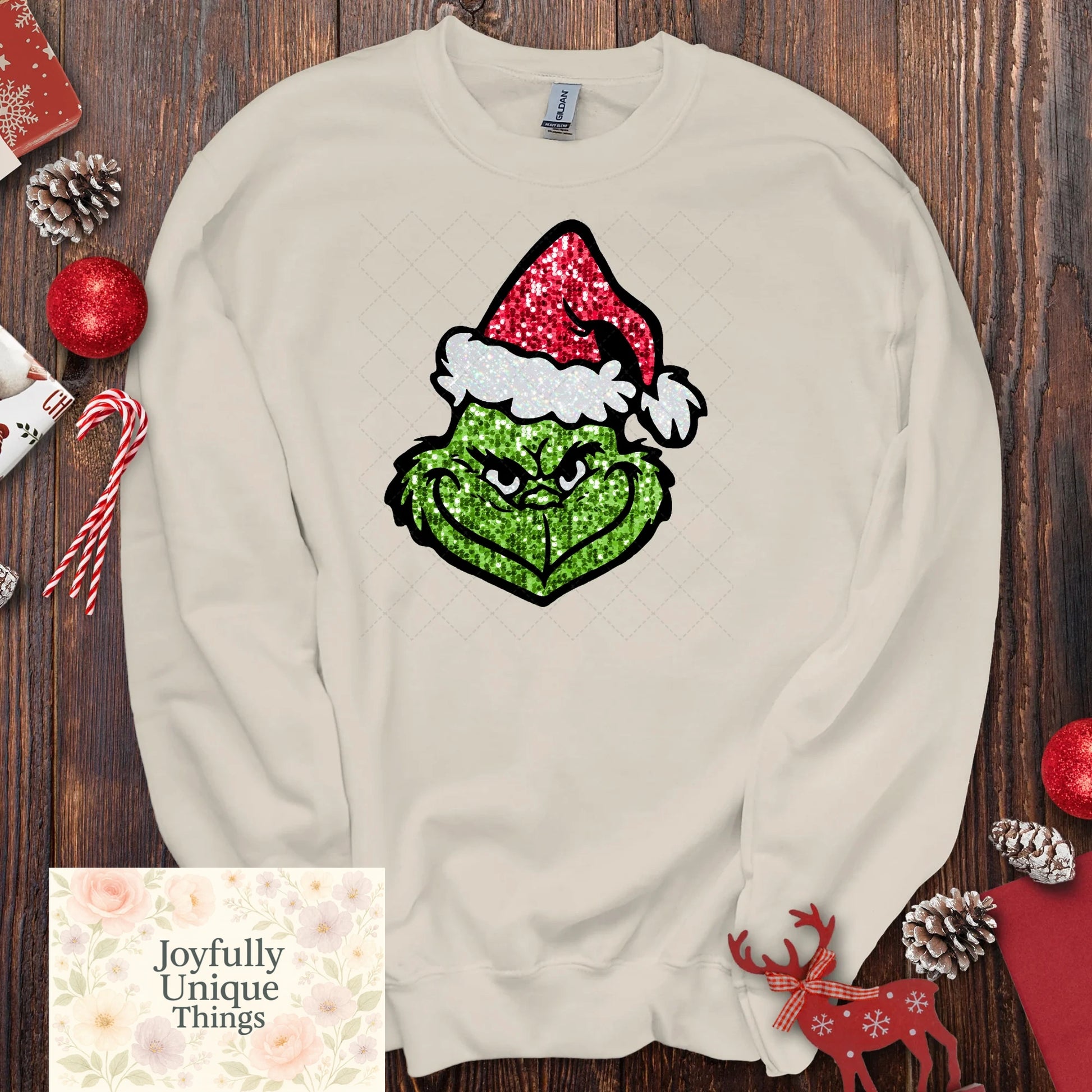 Short Sleeve T-Shirt Christmas Glitter Look Front Facing Grinch Gman - Joyfully Unique Things