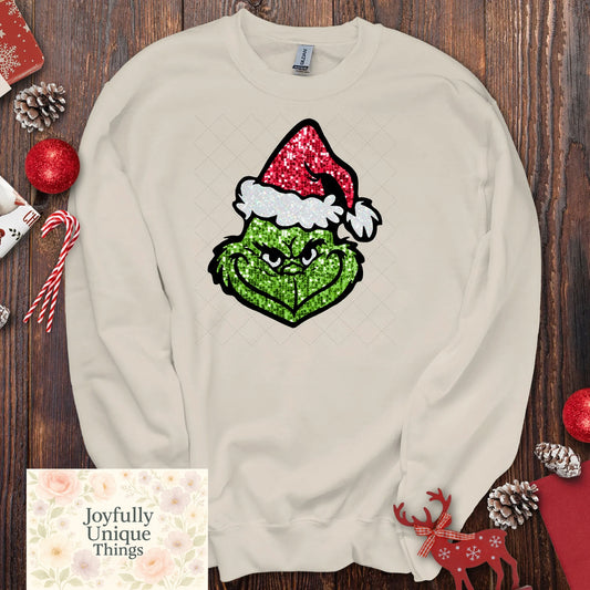 Short Sleeve T-Shirt Christmas Glitter Look Front Facing Grinch Gman - Joyfully Unique Things