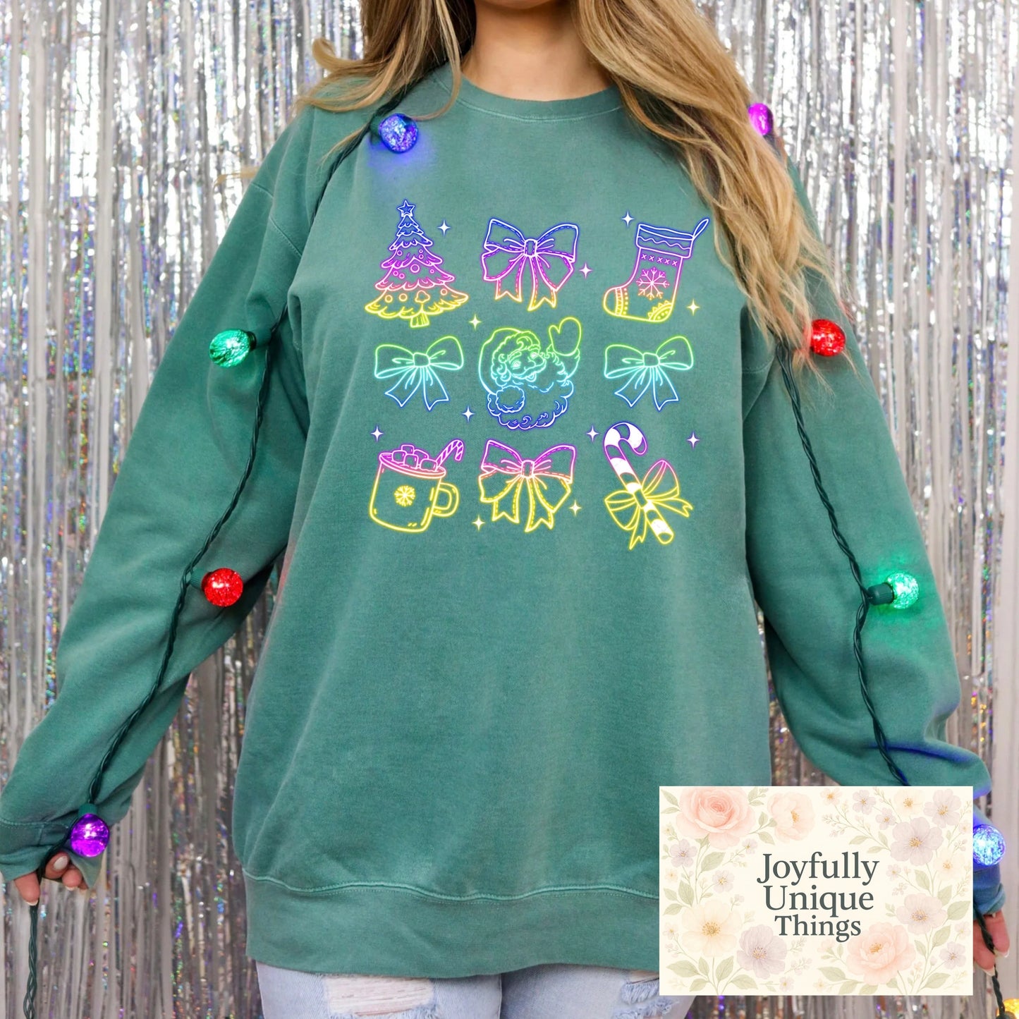 Short Sleeve T-Shirt Neon Bright Christmas Tree Santa Wreath Stocking Bow Cany Cane Hot Cocoa