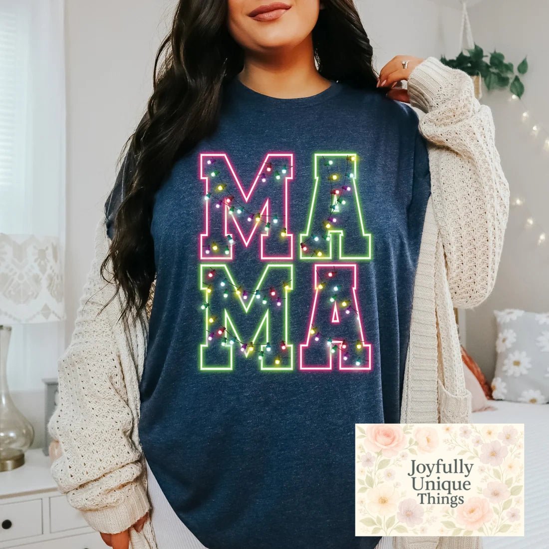 Short Sleeve T-Shirt Neon Bright Holiday Lights Christmas Mama - Joyfully Unique Things