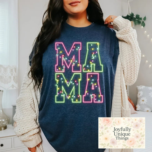 Short Sleeve T-Shirt Neon Bright Holiday Lights Christmas Mama - Joyfully Unique Things