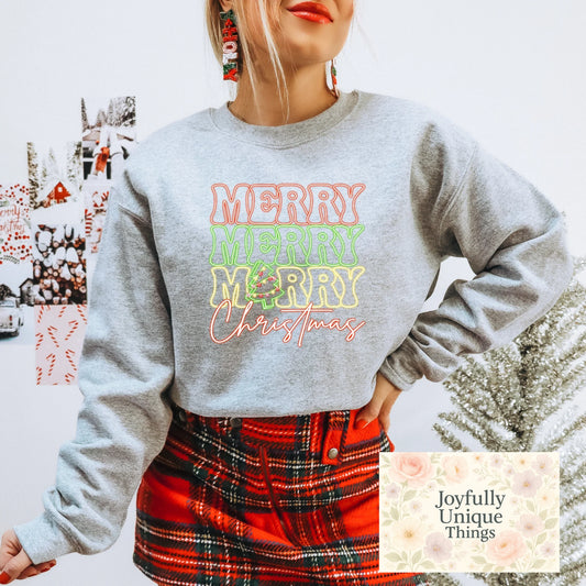 Short Sleeve T-Shirt Neon Bright Holiday Lights Christmas Tree Merry Merry Merry Christmas