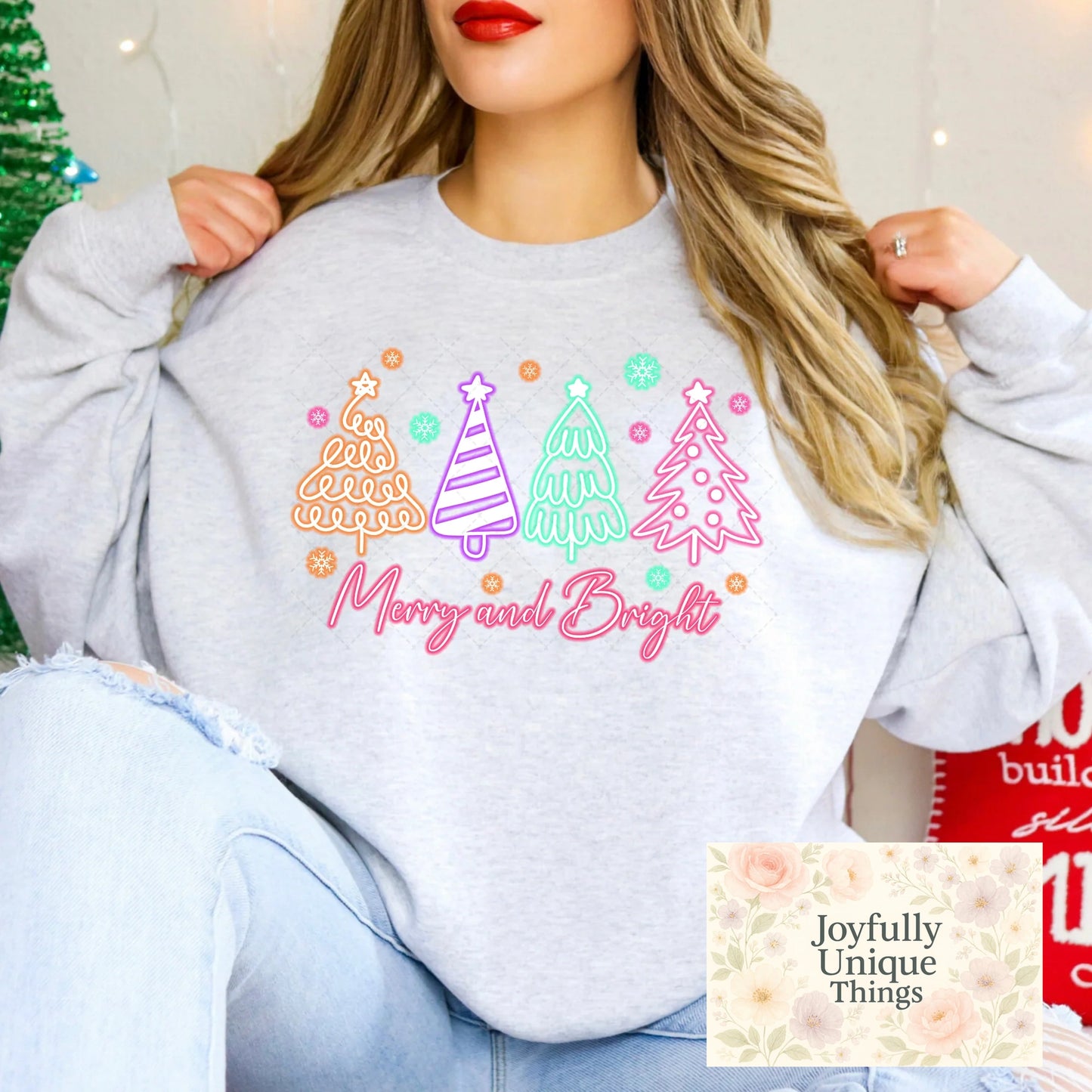 Short Sleeve T-Shirt Neon Bright Holiday Lights Christmas Trees Merry And Bright