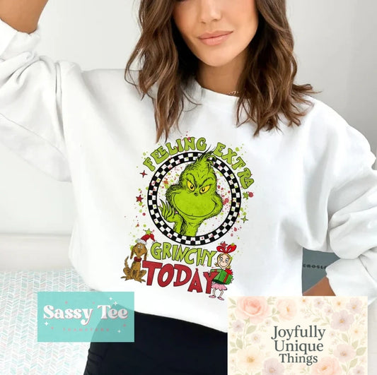 Short Sleeve Christmas T-Shirt Feeling Extra Grinchy Today Grinch Green Man With Max & Cindy Lou Who