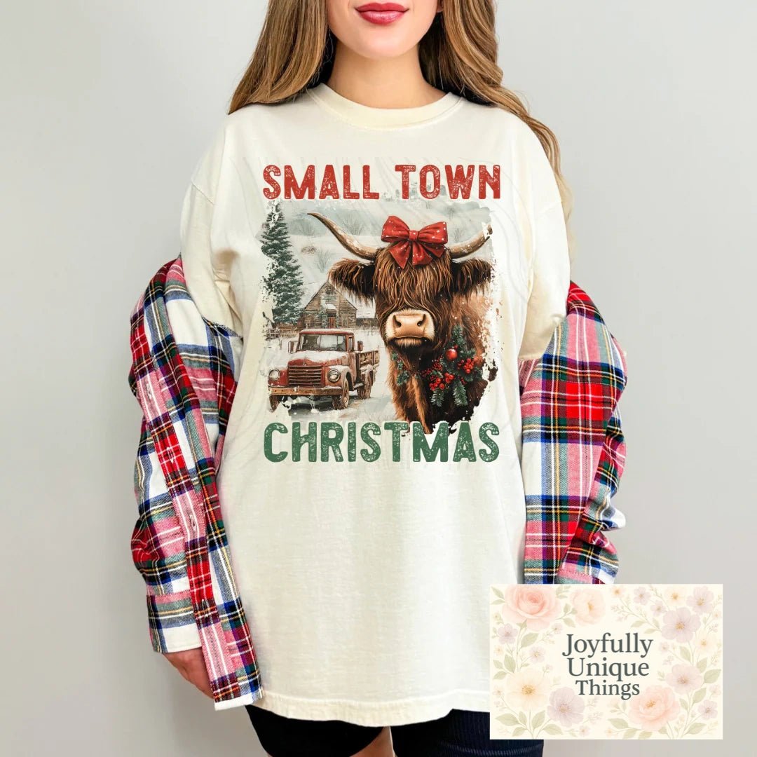 Short Sleeve T-Shirt Christmas Lights Bow Vintage Old Red Truck Highland Cow Small Town Christmas - Joyfully Unique Things