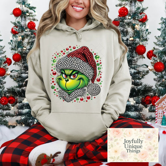 Short Sleeve T-Shirt Christmas Sequin Pearl Rhinestones Santa Hat Grinch Gman