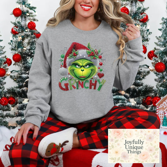 Short Sleeve T-Shirt Christmas Sequin Pearl Santa Hat Hearts Grinch Gman Grinchy