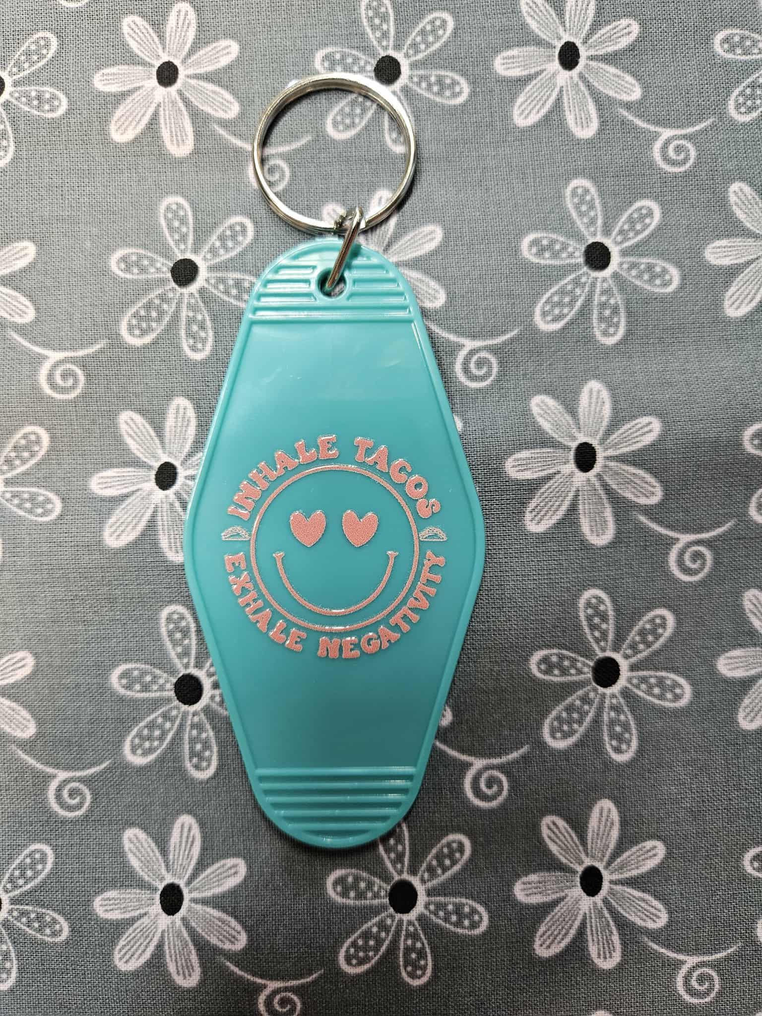Retro Motel Keychain: Inhale Tacos, Exhale Negativity - Joyfully Unique