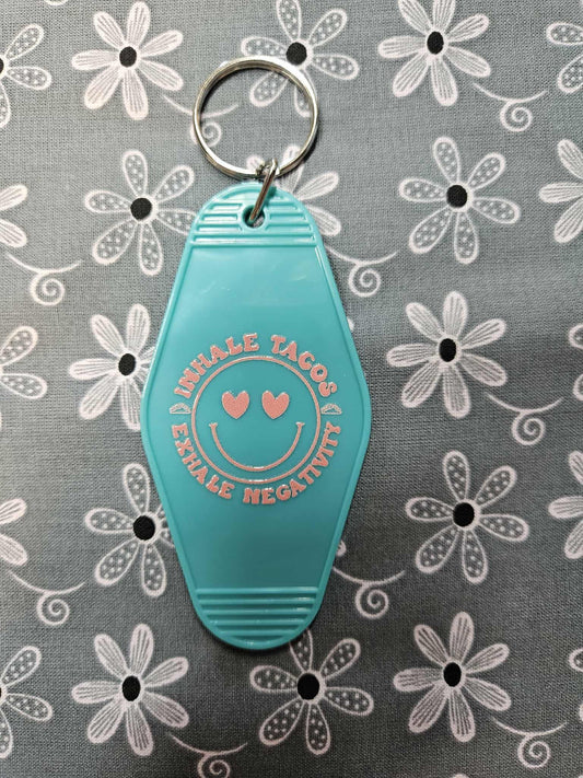 Retro Motel Keychain: Inhale Tacos, Exhale Negativity - Joyfully Unique