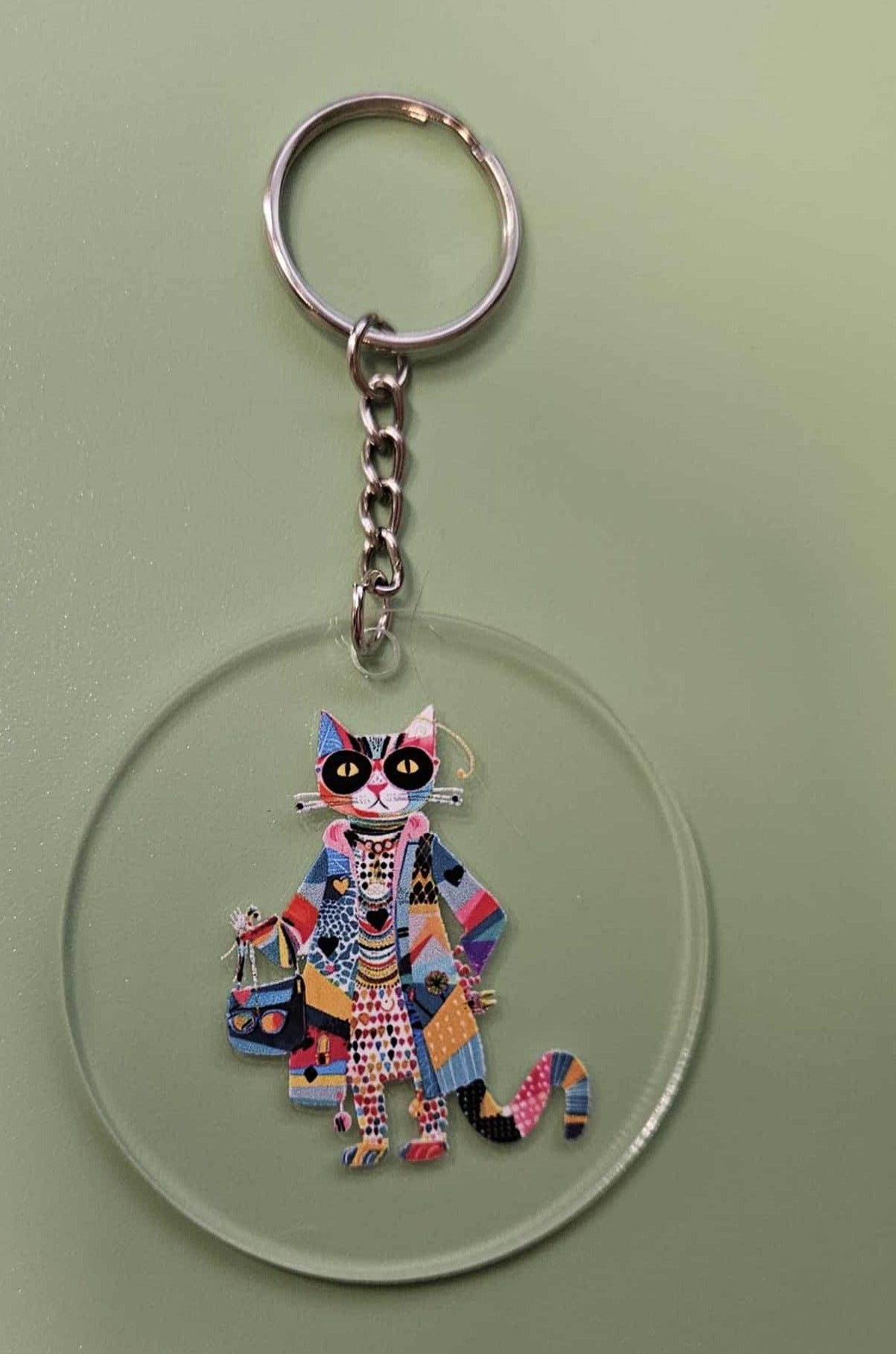 Clear Acrylic 3" Round Keychain With UV DTF Sticker Multi Color Big Bright Purse Cat - Joyfully Unique Things
