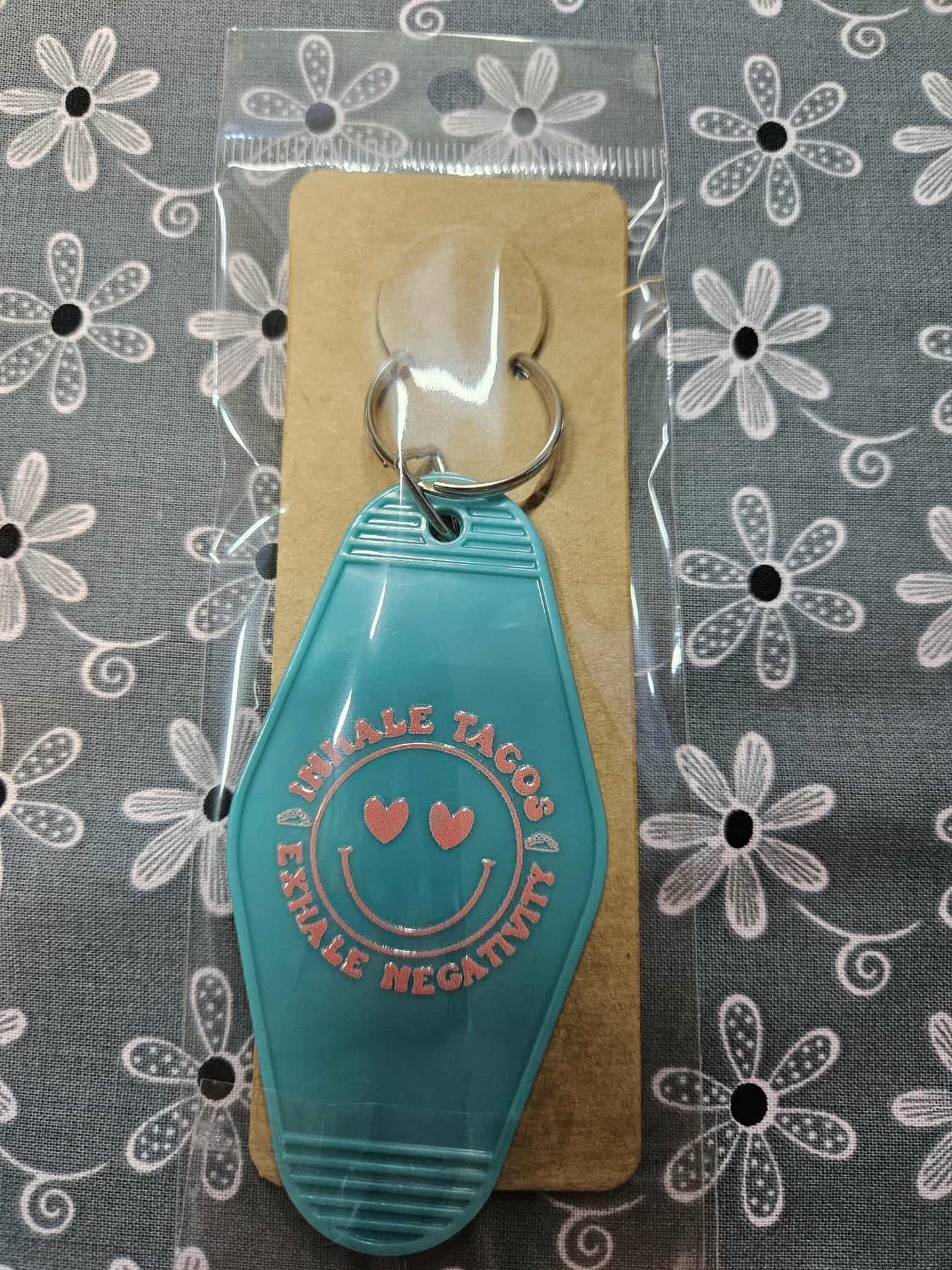 Retro Motel Keychain: Inhale Tacos, Exhale Negativity - Joyfully Unique