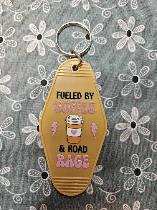 Retro Motel Keychain: Fueled By Coffee & Road Rage - Acrylic Luggage Tag - Joyfully Unique
