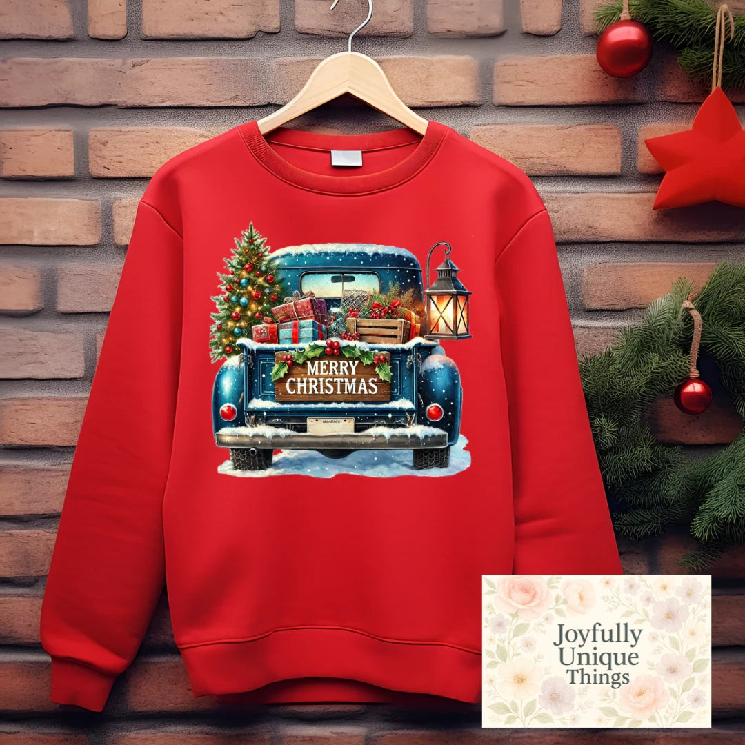 Short Sleeve T-Shirt Merry Christmas Vintage Old Blue Truck With Presents