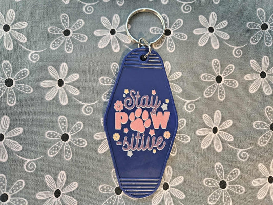 Retro Motel Keychain: Blue Acrylic Stay Pawsitive - Joyfully Unique Things