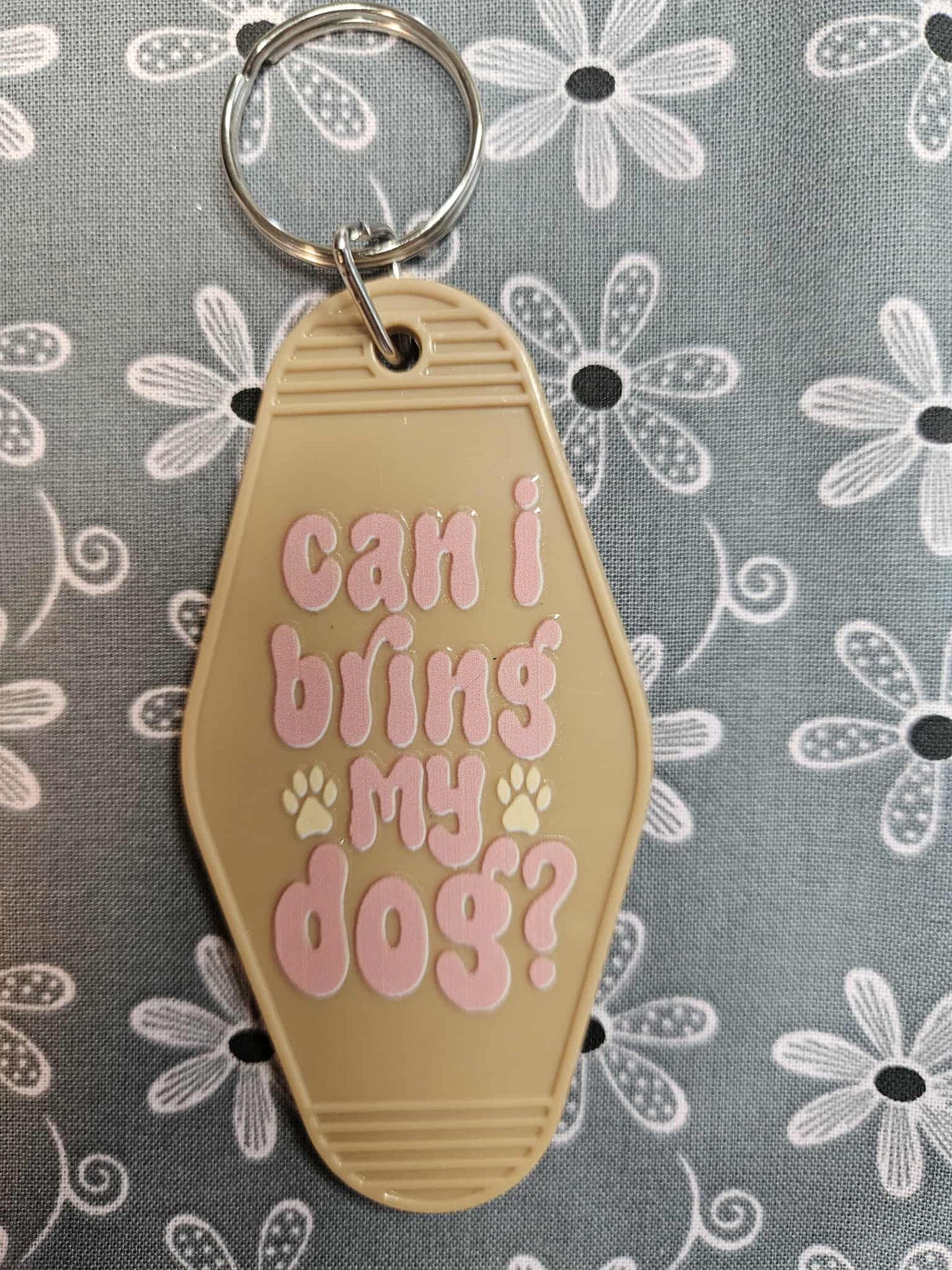 Retro Motel Keychain Can I Bring My Dog - Tan Brown Acrylic - Joyfully Unique