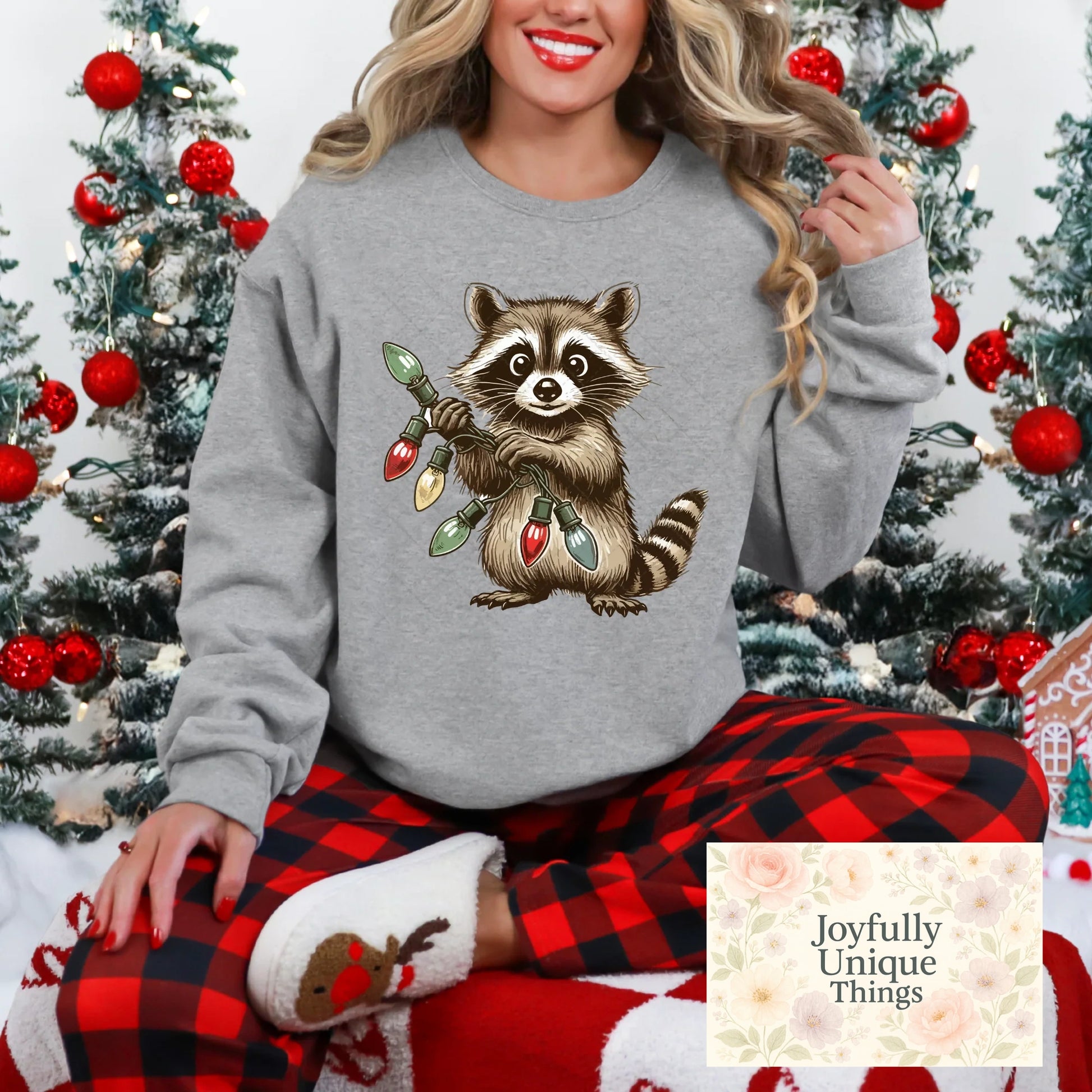 Short Sleeve T-Shirt Christmas Lights Raccoon - Joyfully Unique Things
