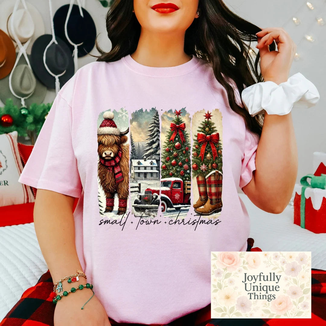 Short Sleeve T-Shirt Christmas Red Scarf Santa Hat Cowboy Boots Old Red Truck Highland Cow Small Town Christmas