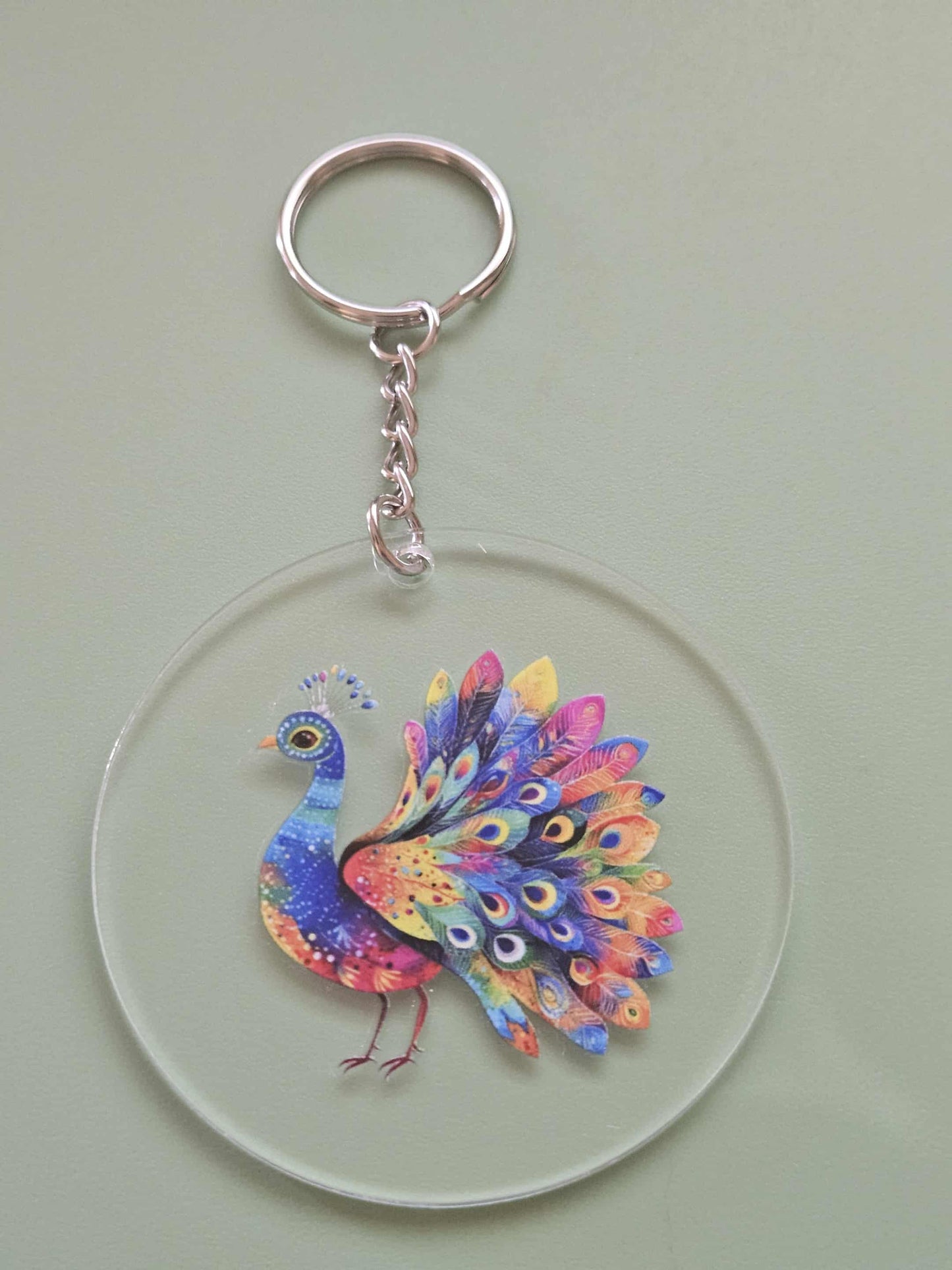 Clear Acrylic 3" Round Keychain With UV DTF Sticker Multi Color Big Bright Peacock - Joyfully Unique Things