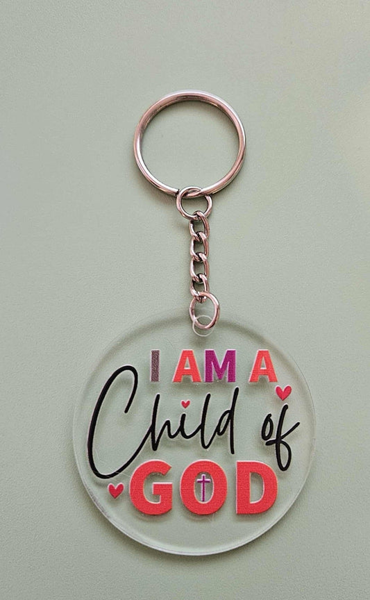 Clear Acrylic 2.5" Round Keychain With UV DTF Sticker I Am A Child Of God - Joyfully Unique Things