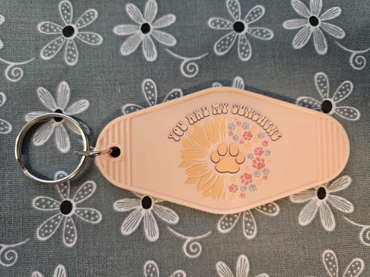 Retro Motel Keychain: Peach Acrylic Sunflower Pawprint You Are My Sunshine