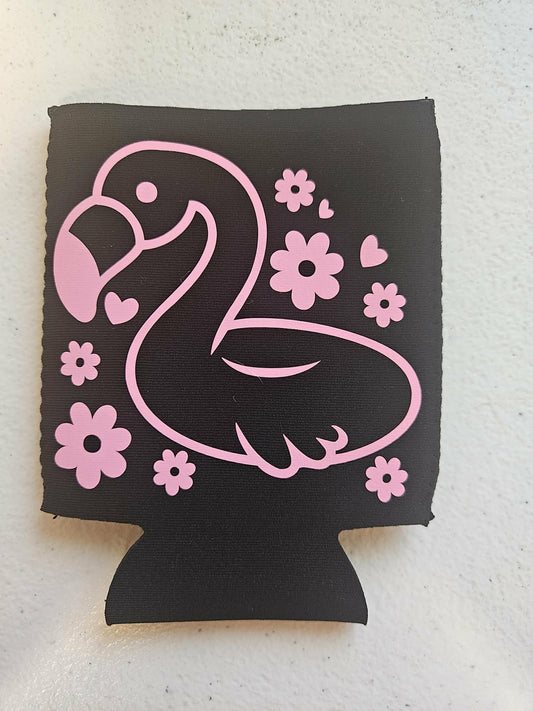 Flowers Flamingo Innertube Float Floatie Koozie Black & Pink - Joyfully Unique Things