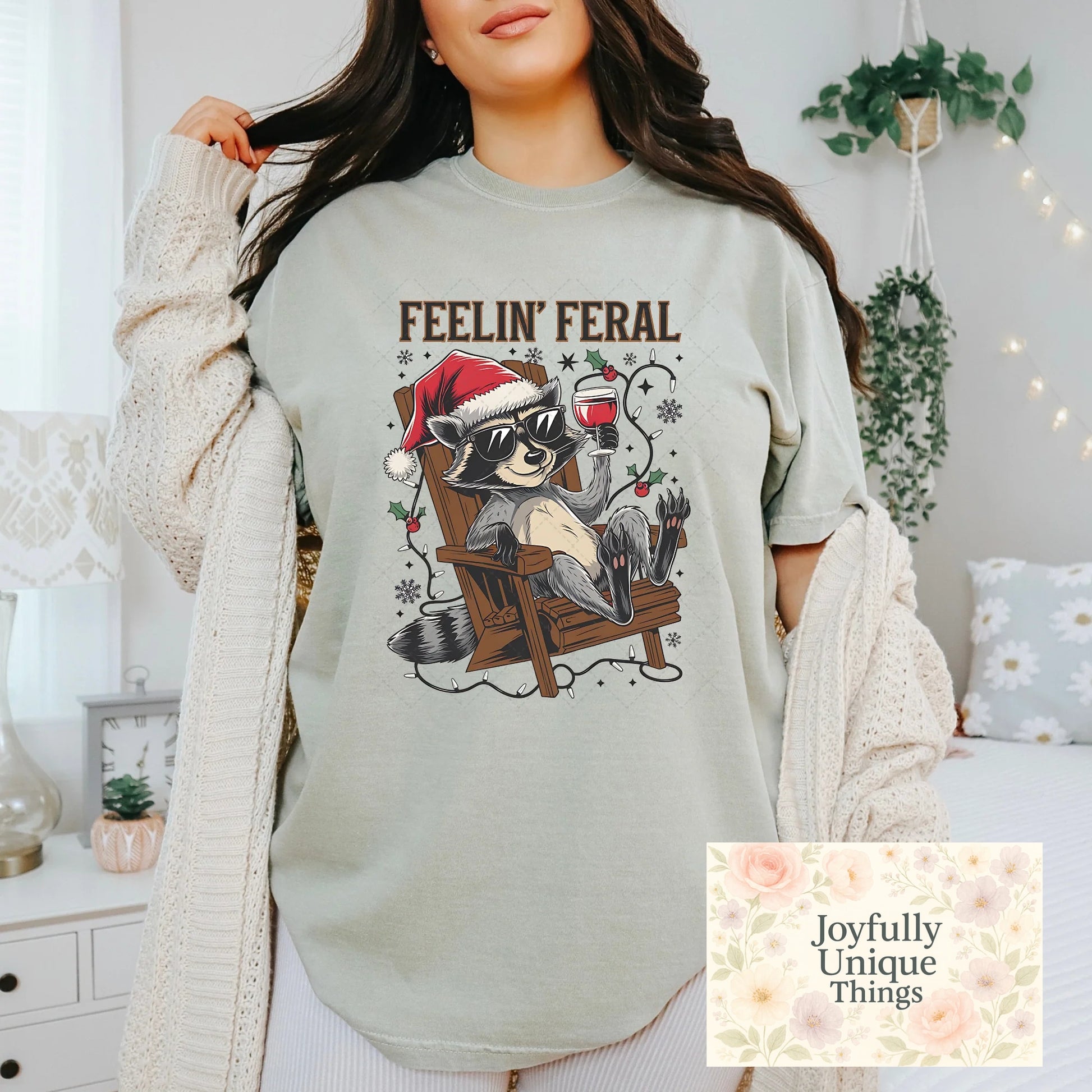 Short Sleeve T-Shirt Christmas Santa Hat Raccoon Drinking Wine Trash Panda Feelin Feral - Joyfully Unique Things