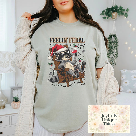 Short Sleeve T-Shirt Christmas Santa Hat Raccoon Drinking Wine Trash Panda Feelin Feral - Joyfully Unique Things