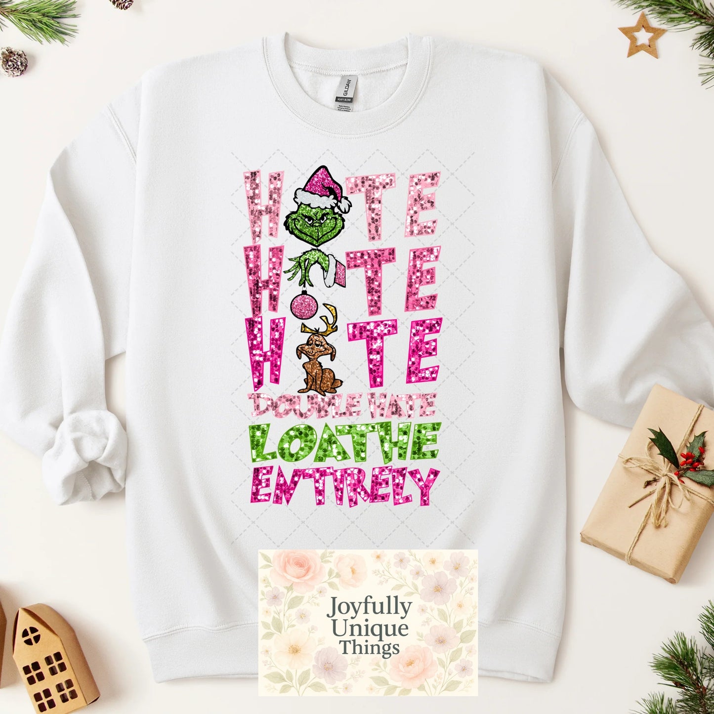 Short Sleeve T-Shirt Christmas  Glitter Grinch Gman Hate Hate Hate Double Hate Loathe Entirely