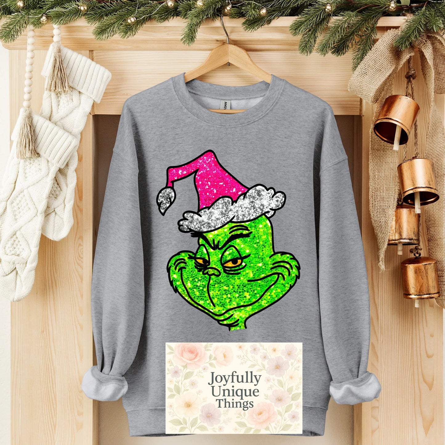 Short Sleeve T-Shirt Christmas Glitter Look Side Looking Grinch Gman - Joyfully Unique Things